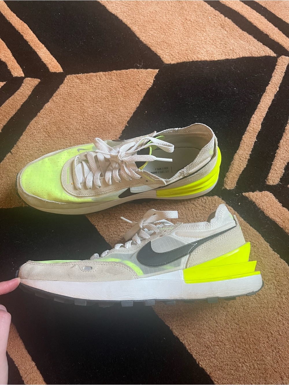 Nike Beige and Neon Yellow Low-Top Sneakers with Black Swoosh